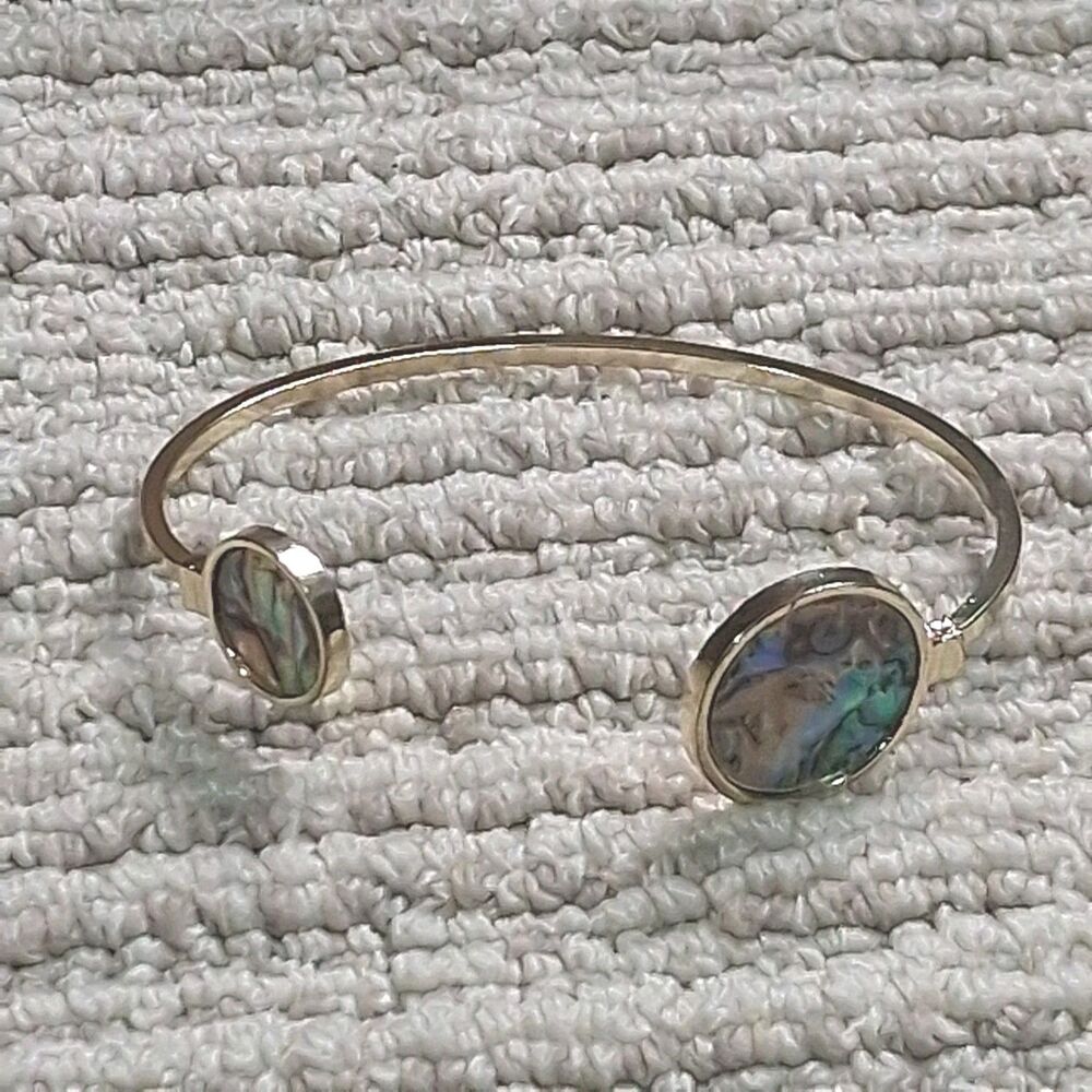 GOLD TONE ABALONE SHELL OPEN CUFF BANGLE BRACELET ROUND CABOCHON COSTUME JEWELRY